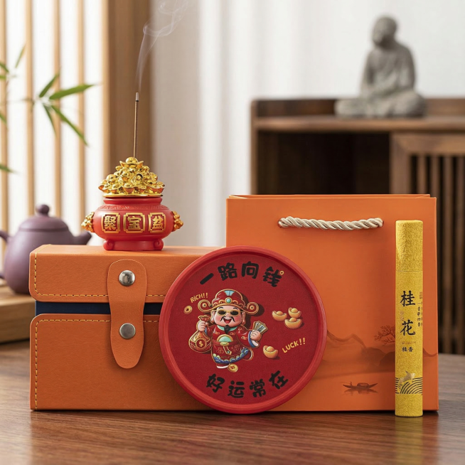 保留红色聚宝盆香插、桂花线香、橙色礼盒皮箱、红色底座所有产品细节、包装文字和结构不变，更换为统一的新中式禅意茶室深色木质桌面背景，保持产品纹理、颜色不变，自然柔和侧光，氛围静谧雅致，商业静物摄影，1:预览效果