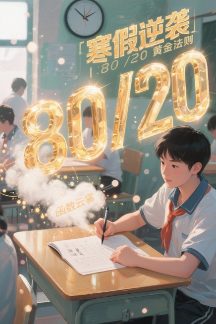 [image-一个中国高中生坐在整洁的书桌前，眼神坚定自信，右手持笔在散发微光的试卷上写下巨大的“80/20”黄金比例数字，左手推开一团象征难题的“函数云雾”；身后时钟的指针飞速旋转至开学日，而他的侧预览效果