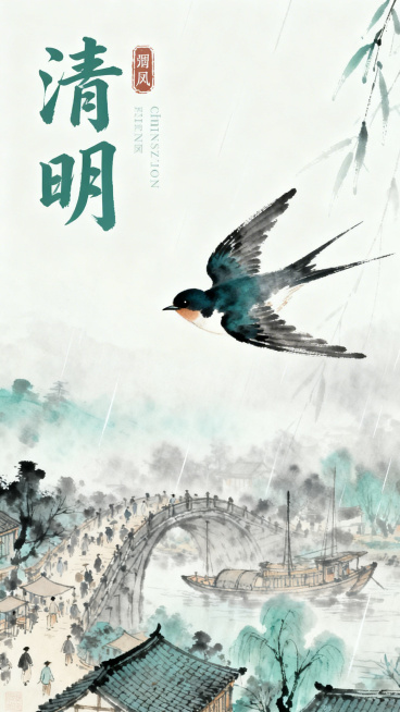 中国水墨清明节海报，主体为燕子，取清明上河图局部构图，烟雨朦胧氛围，整体为淡青色和灰白色调，柔和光线，大量留白，写意国风，清明节主题，保留完整海报构图预览效果