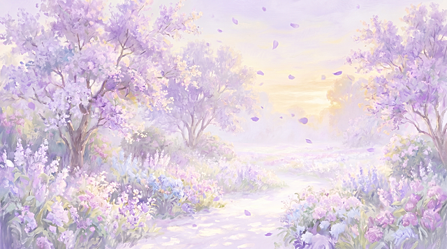 参考图一浅紫朦胧的色调，将图二整体颜色调浅，增加画面中间区域的留白，在天空中添加飘落的浅紫色花瓣，保持横版构图