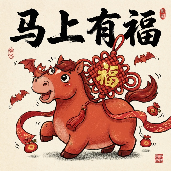 现代国潮风格春节贺岁平面插画，画面上方整齐横排一行粗犷的黑色毛笔书法大字：“马上有福”，字体有力，带有丰富的水墨飞白和干粉笔质感。核心主体是一只圆滚滚、通体朱红色的Q版小马，四肢极其短小粗壮像短木桩，预览效果