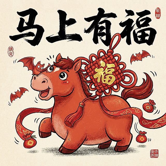 国潮风插画，拟人化红马背负中国结“福”字，搭配蝙蝠与红包，喜庆可爱，大字书法点睛，水墨质感与印刷风结合，节日氛围浓厚。
