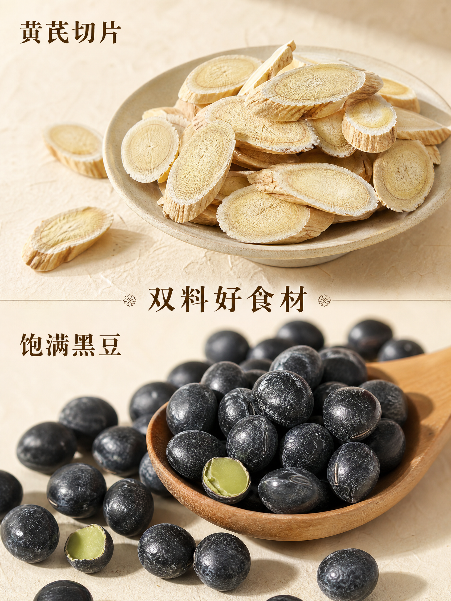 [主图2] 黄芪黑豆成分品质图，抖音3:4竖版，上下分栏展示两… - 图片创意预览