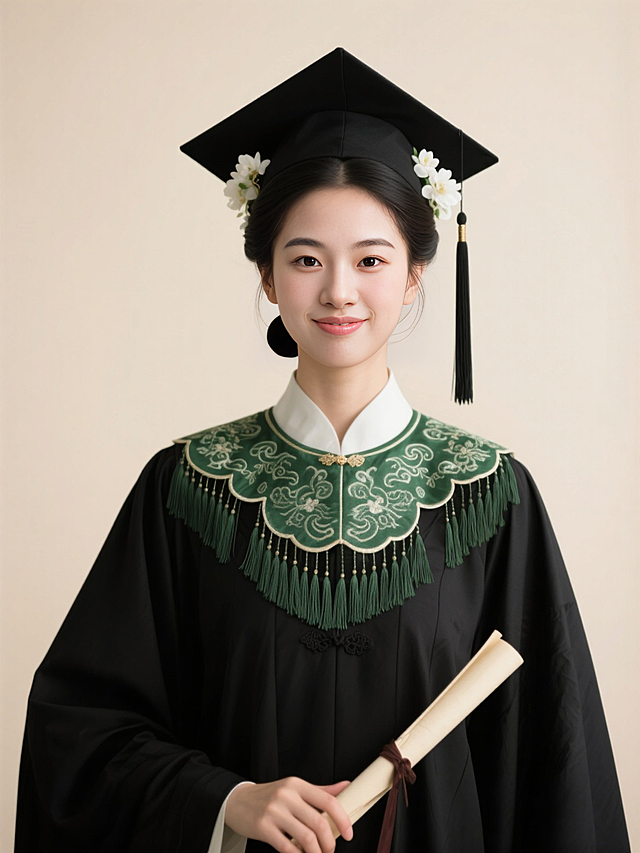 正面照，黑色古风低垂发髻，穿戴学士服学士帽，戴绿色刺绣流苏云肩，学士帽两边都簪了白色的花，手上拿了一个卷轴，半身照，背景浅色质感，暖光