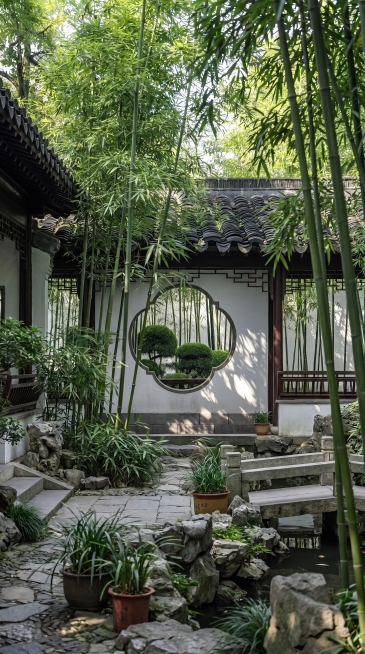 参考图片的江南园林风格，生成高质量长图，保留圆门洞竹景的中式园林意境预览效果