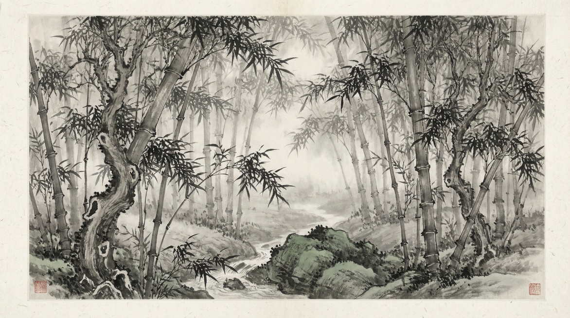 生成一张中国风水墨风格的纯竹园背景，竹林茂密，意境悠远，保留古风氛围感，无任何人物和文字预览效果