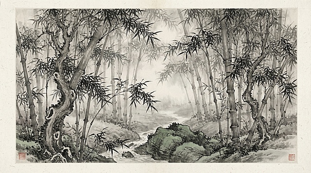 生成一张中国风水墨风格的纯竹园背景，竹林茂密，意境悠远，保留古风氛围感，无任何人物和文字