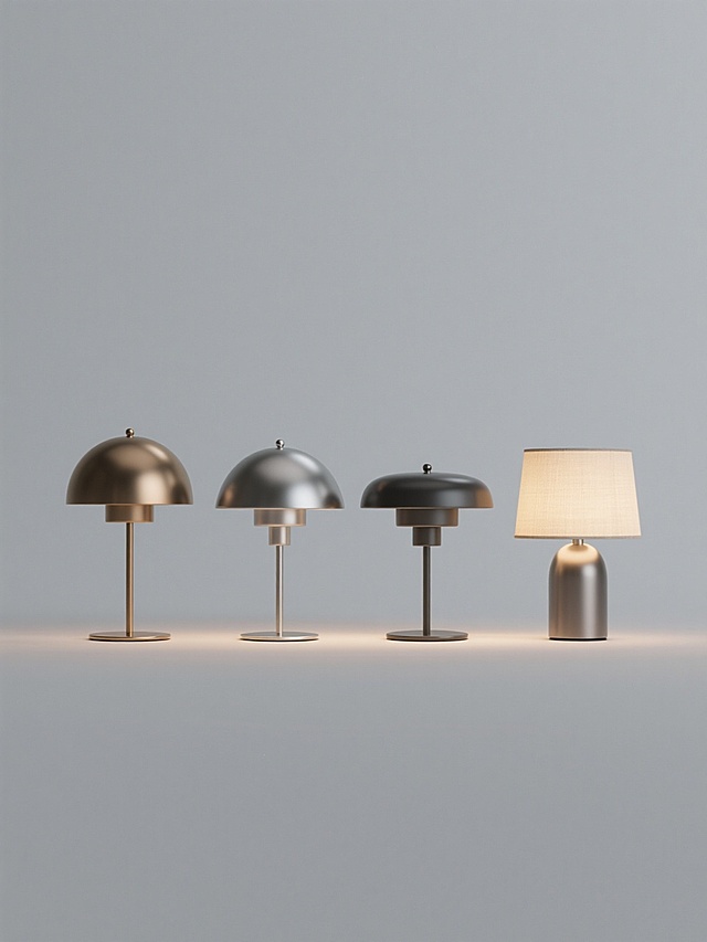4个不同样式、不同配色、不同风格的台灯，采用3D渲染，具有金属哑光质感和光滑表面，光线柔和自然，台灯细节丰富，排列整齐，纯色背景，高分辨率，极简主义设计，现代感十足。