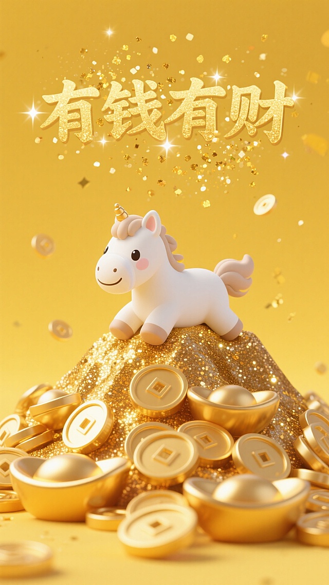 萌马卧金堆，“有钱有财” 衬金芒，满屏福气闪