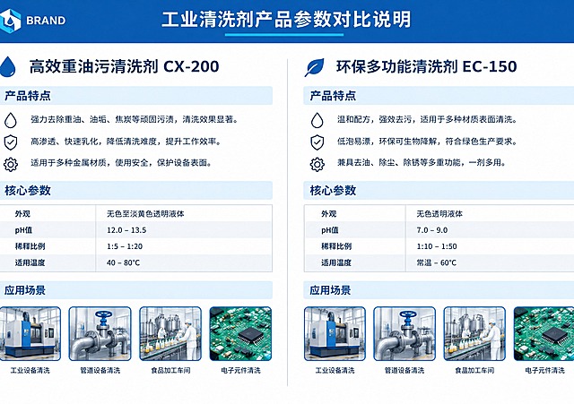 工业风化工清洗剂产品参数对比说明图，蓝白配色，左右双栏布局，左栏为"高效重油污清洗剂 CX-200"，右栏为"环保多功能清洗剂 EC-150"，每栏包含产品特点、核心参数表格、应用场景三个模块，顶部有品牌logo区域和产品名称标题，产品特点配简约线性图标，核心参数为灰色表格线，底部应用场景配4张小图（工业机械、管道设备、食品车间、电子元件），整体风格专业简洁，科技感，蓝色主色调#0056b3，白色背景，深蓝色标题栏，扁平化设计，高清矢量风格，横版构图