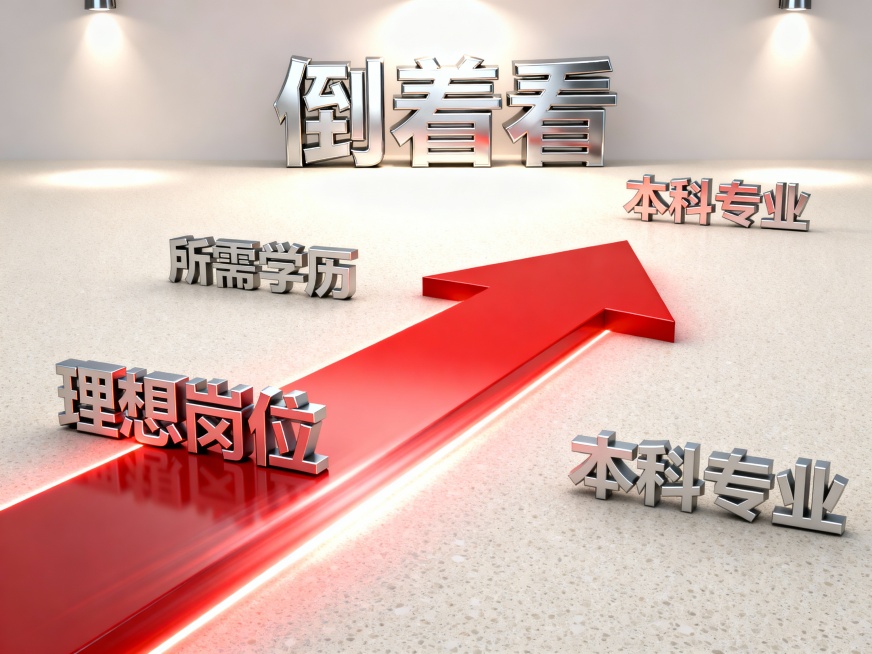[image-干净简约的浅色磨砂背景，一道从左下角“理想岗位”发出、指向右上角“本科专业”的实体箭头被一道更粗的、带着动态模糊效果的红色光影箭头完全覆盖和逆转，红色箭头坚定地从“本科专业”反向指回“理预览效果