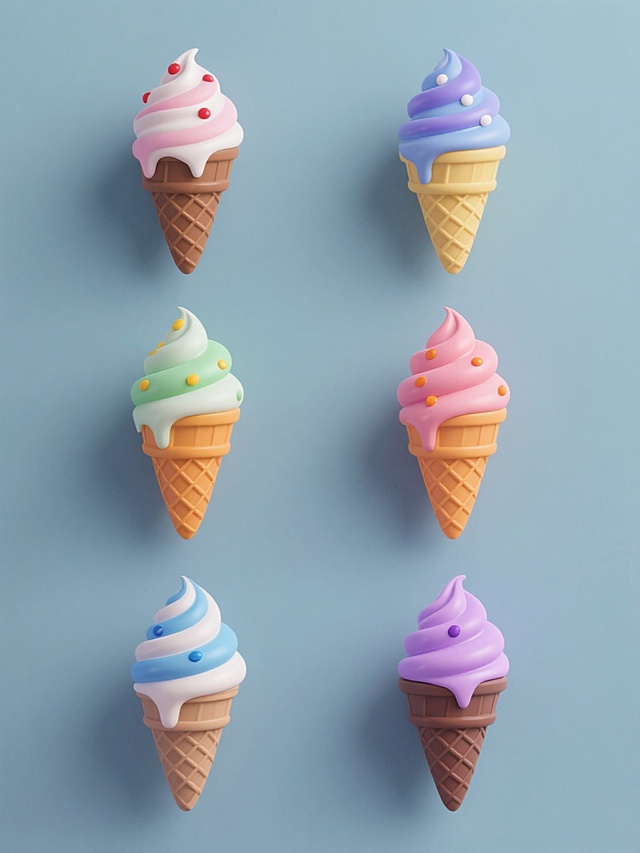 软3D风格冰淇淋系列素材集合，包含6个完全不同造型的冰淇淋，每个冰淇淋均由蛋筒和顶部奶油组成，保持蛋筒的格子纹理和奶油的螺旋状及滴落效果，整体色彩分别变换为：1. 蛋筒棕色、奶油粉白渐变带红点缀；2. 蛋筒浅黄、奶油蓝紫渐变带白点缀；3. 蛋筒橙黄、奶油绿白渐变带黄点缀；4. 蛋筒粉红、奶油橙粉渐变带橙点缀；5. 蛋筒浅棕、奶油蓝白渐变带蓝点缀；6. 蛋筒深棕、奶油紫粉渐变带紫点缀，所有冰淇淋置于纯色背景上，规整排布成两行三列的网格布局，保持统一的软3D质感、光滑表面和柔和光影效果。