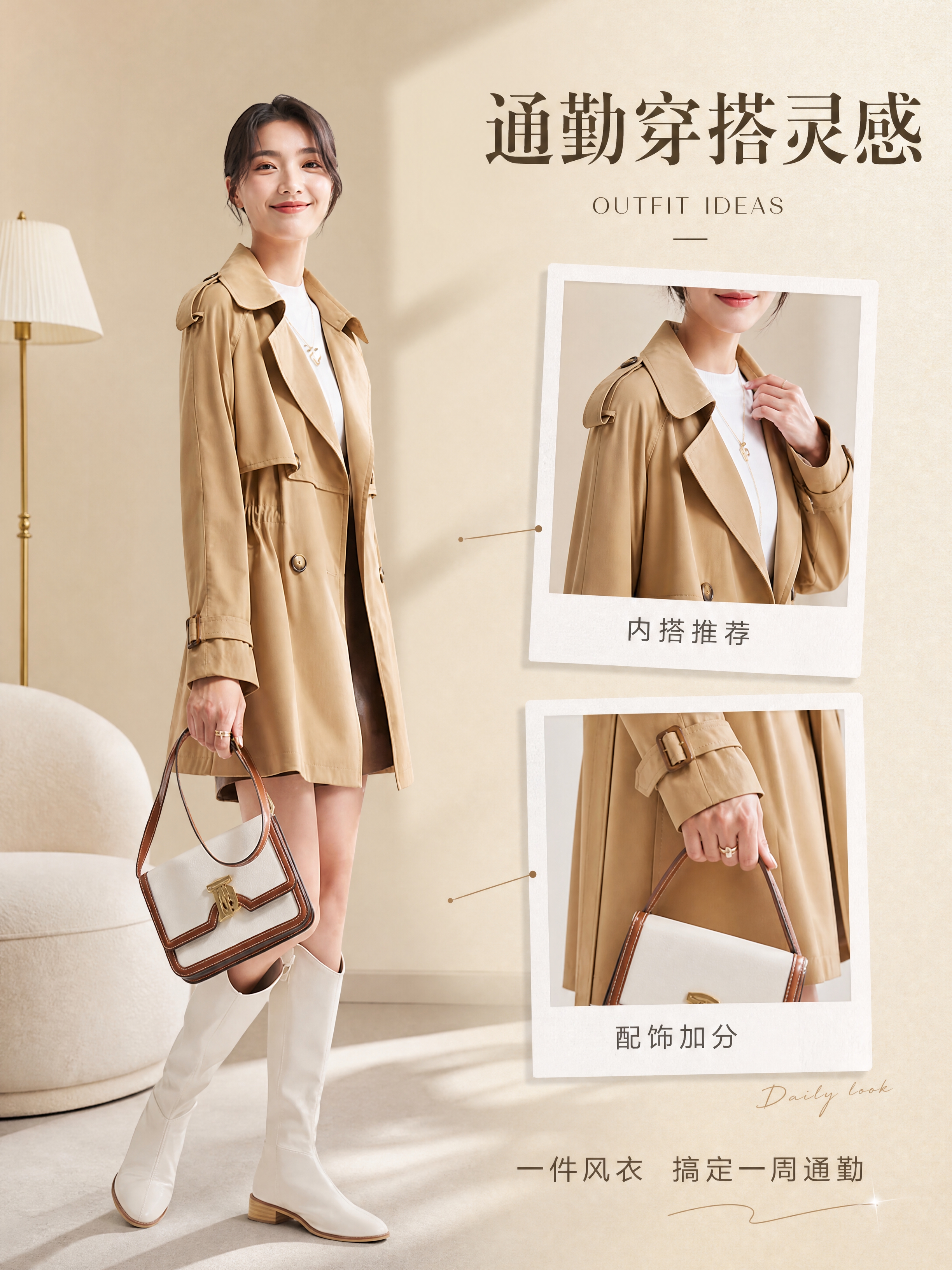 [商品] 使用【图1】卡其色短款收腰风衣；商品处理：保留翻领、… - 图片创意预览