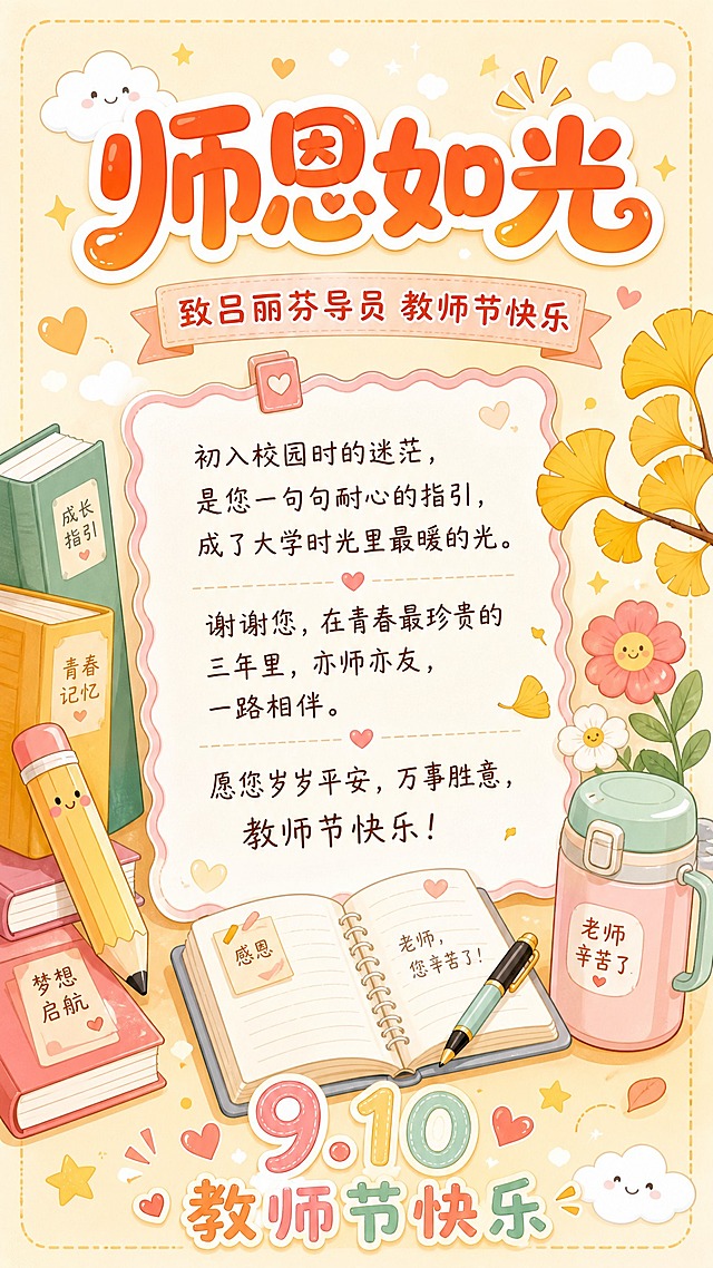 卡通可爱风格教师节贺卡，Q版插画风格，色彩明亮温暖活泼。画面顶部是大大的艺术字标题"师恩如光"，采用圆润可爱的字体，橙红色渐变加白色描边。标题下方副标题"致吕丽芬导员 教师节快乐"。画面中央是一张可爱的信纸，信纸边缘有波浪花边，上面写着温馨的祝福语："初入校园时的迷茫，是您一句句耐心的指引，成了大学时光里最暖的光。谢谢您，在青春最珍贵的三年里，亦师亦友，一路相伴。愿您岁岁平安，万事胜意，教师节快乐！"。信纸周围有可爱的卡通元素：左侧有三本书本和一支卡通铅笔，右侧有金黄的银杏叶和可爱的小花朵，底部有一个卡通保温杯、一本翻开的笔记本和一支钢笔。背景是温暖的米黄色，点缀着可爱的云朵、小星星和小爱心图案。画面底部有"9.10"可爱数字和"教师节快乐"字样。整体色调以暖橙色、鹅黄色、粉色、薄荷绿为主，色彩清新活泼，充满青春校园感。版式精美，四周留有边距，所有文字清晰可读。超高清画质，可爱治愈风格。