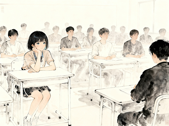 白天多媒体教室，明亮整洁的数媒专业课教室，全班同学坐姿端正认真听课，色彩饱满动态流畅完整真实，女主单手托腮趴在课桌边缘，眼神放空走神，教室最后排空座位上坐着一个半透明低不透明度、轮廓僵硬静止的学生虚影，如同被冻结的画面贴图，全班无人看见察觉，唯独女主视线落在虚影身上，桌子椅子都是白色铁质，日常平静暗藏诡异，替换女主衣服为日常服装，不要校服，保持人物和参考图形象统一