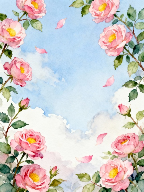 一幅柔和唯美的花卉插画，以淡雅的浅蓝色天空为背景，天空中点缀着几缕朦胧的白色云彩，营造出宁静而浪漫的氛围。画面四周被盛开的粉色玫瑰花环绕，花朵形态饱满，花瓣层次丰富，边缘带有柔和的渐变粉色，花心为明亮的黄色。玫瑰花的枝干上长着翠绿的叶子，叶片脉络清晰，边缘有自然的锯齿状。几朵粉色的玫瑰花瓣正缓缓飘落，增添了画面的动感与诗意。整体风格为水彩画质感，笔触细腻柔和，色彩过渡自然，色调清新雅致，构图呈……预览效果