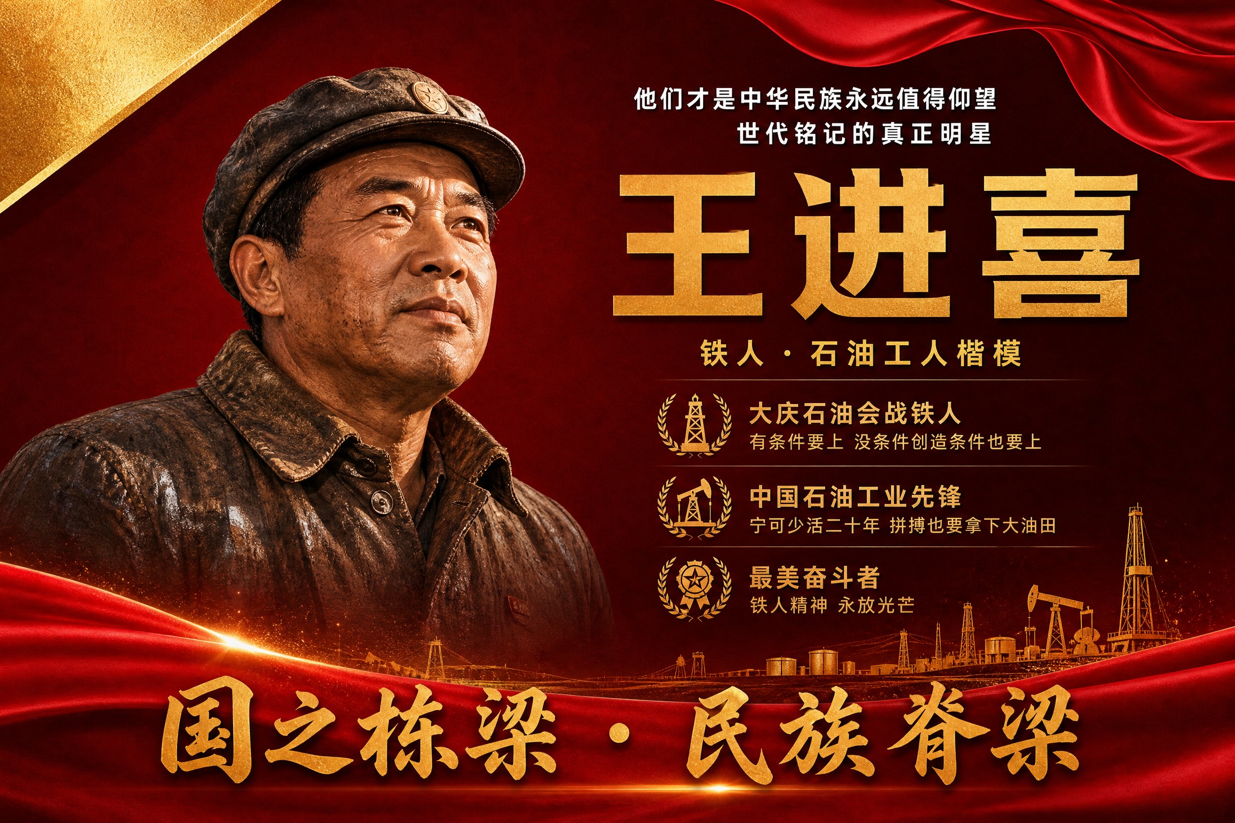 横版国之栋梁人物挂画海报，王进喜主题，参考图风格复刻，红金配色… - 图片创意预览