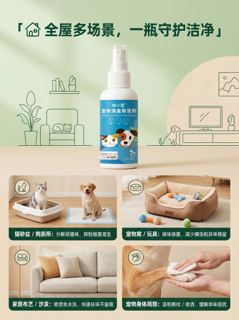 [主图5] 多场景适用页主图，氛围风格温馨居家宠物用品商业风，画质商业摄影质感光线柔和通透产品清晰真实画面干净高级，元素产品图搭配4大场景模块每个场景搭配简约的宠物家居小图标，背景是浅绿加浅米色拼接背预览效果