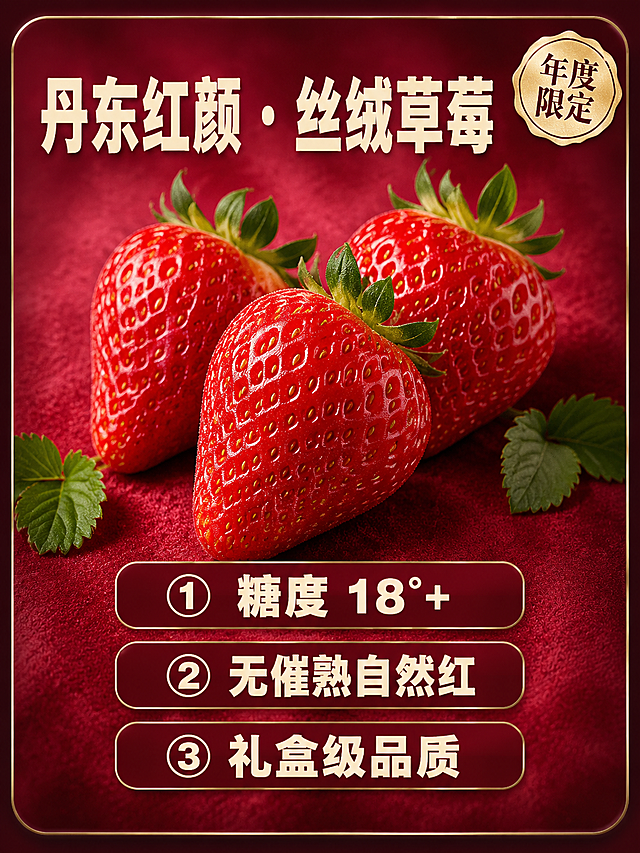 电商直播商品信息贴片，严格竖版 3:4 黄金比例，超大圆角矩形卡片版式，整体规整对称、边框圆润弧度明显，电影级氛围感设计，背景：深玫红色渐变，带细微的丝绒肌理质感，边缘做柔焦暗角，营造高级氛围感，顶部：大号加粗奶白色字体写"丹东红颜・丝绒草莓"，字体带极浅的金粉描边，右上角搭配烫金异形标贴，写"年度限定"，中间：特写镜头，3 颗完整的红颜草莓，果型周正饱满，颜色是浓郁的正红色，带着新鲜的绿叶果蒂，表面有自然的果霜，在柔和的顶光下泛着细腻的光泽，旁边散落一两片绿叶点缀，下方：3 个深酒红色圆角矩形卖点条，奶白色加粗字体，从上到下依次写：① 糖度 18°+ ② 无催熟自然红 ③ 礼盒级品质，整体质感高级，光影细腻，色彩浓郁有食欲，适配高端直播间，字大清晰，无多余元素，画面居中构图、比例标准不拉伸、圆角卡片轮廓突出