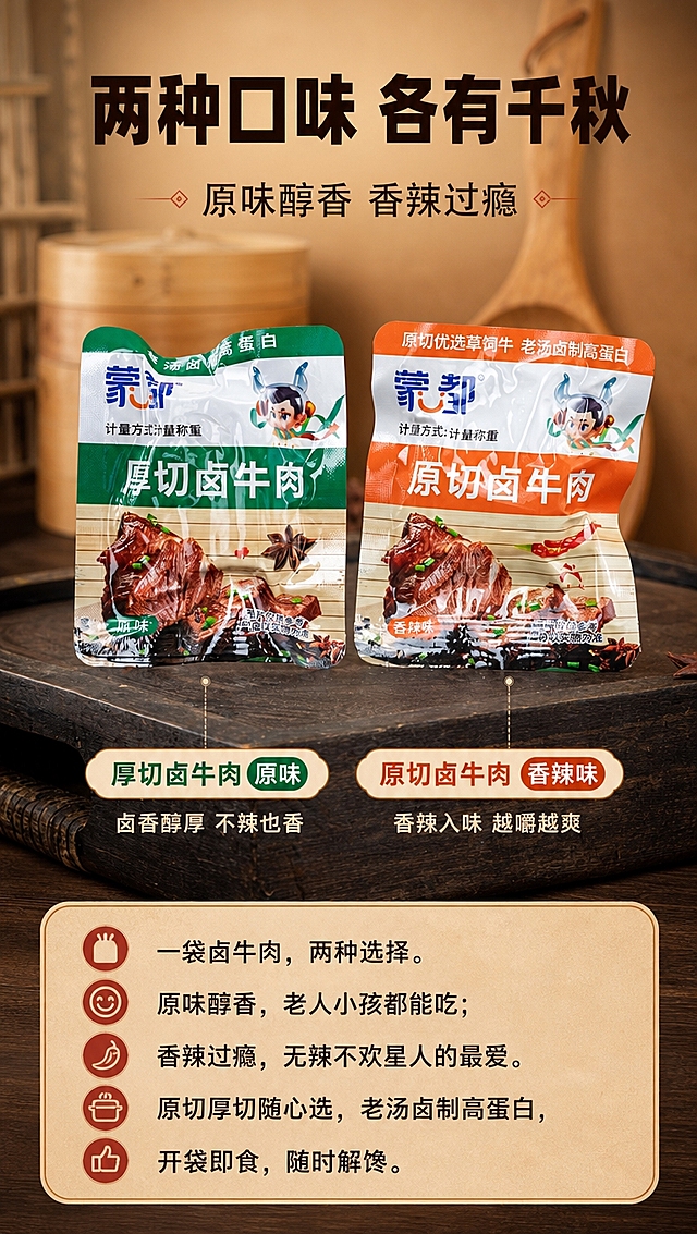 [商品] 使用【图3】蒙都原切卤牛肉双系列并排展示，左侧绿色厚切卤牛肉（原味）、右侧橙色原切卤牛肉（香辣味），两包并排立于深色木板上，包装上有'蒙都'Logo、Q版牛头人、'老汤卤制高蛋白'宣传语；严格保留原图中产品的颜色、形状、包装纹理、文字内容和并排站立角度。
[画面] 双系列对比页，竖版9:16，画面中部保留原图两包卤牛肉并排直立的构图，背景为虚化竹蒸笼和木勺，向上延展增加顶部排版空间，底部留出信息区域。两包产品占画面约45%，突出原味与香辣双口味对比。
[视觉] 套系策略：风格=中式原木暖棕调高级美食摄影；标题字=粗黑体厚重有力；正文字=简洁黑体；主色=暖棕红绿；背景延展=基于暖棕木色做深浅层级、同色渐变和细腻木纹/竹编质感；强调色=双口味色（原味绿/香辣橙红），仅用于小面积图标、引线和标签；标题色=深棕黑；正文色=暖深棕；组件=圆角浅棕信息卡、细线引线；光影=左前侧暖柔光，右侧柔和阴影。
[文字] 上部主标题「两种口味 各有千秋」（8字），副标题「原味醇香 香辣过瘾」（8字）；中间两包下方各对应口味标签：「厚切卤牛肉 原味」配「卤香醇厚 不辣也香」，「原切卤牛肉 香辣味」配「香辣入味 越嚼越爽」；底部信息区写「一袋卤牛肉，两种选择。原味醇香，老人小孩都能吃；香辣过瘾，无辣不欢星人的最爱。原切厚切随心选，老汤卤制高蛋白，开袋即食，随时解馋。」所有文字横排，不遮挡产品主体。
[规格] 图片比例9:16竖版，4K分辨率，避免变形、错字、文字过小、冷蓝/冷灰背景、包装颜色改变、包装文字错乱。