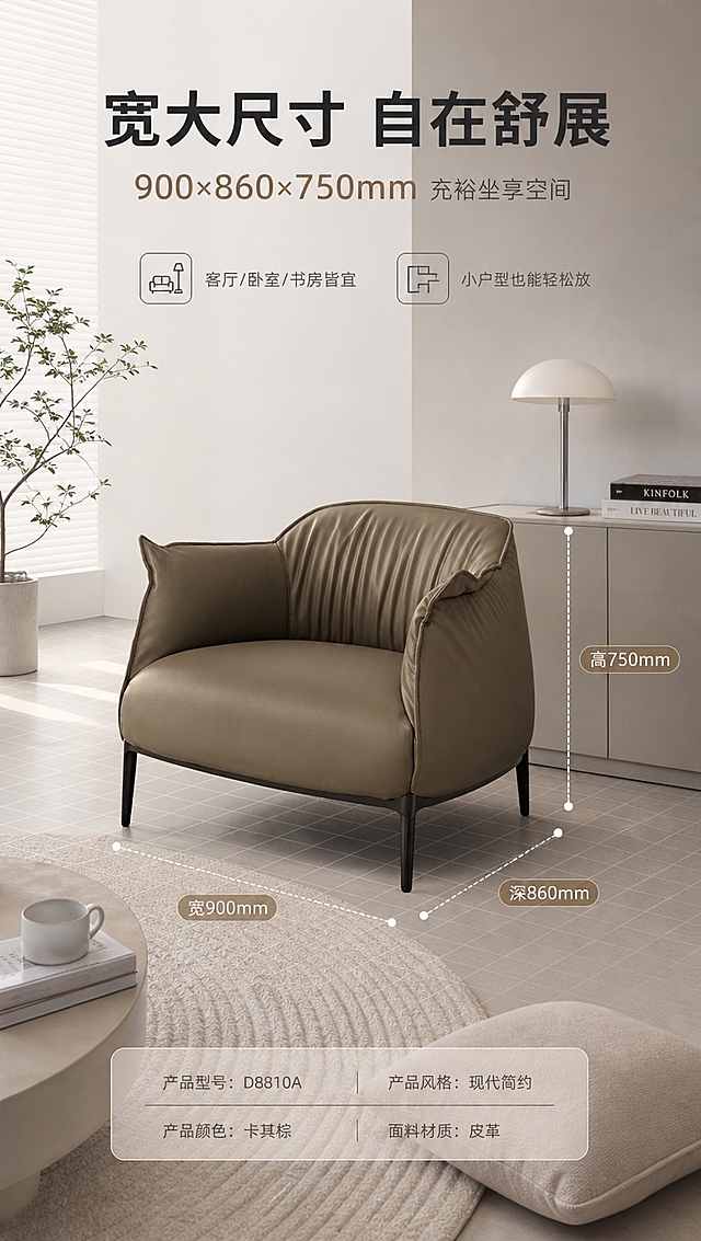 [商品] 使用【图1】卡其棕皮革休闲椅（型号D8810A）；保留整体造型、比例、颜色、结构；商品处理：保持产品原貌。
[画面] 目标：空间尺度展示，标注尺寸与空间适配性。构图：场景+尺寸标注，椅子放置在现代简约空间中，45°视角，占画面约50%。用虚线+引线标注长宽高三个维度尺寸：宽900mm、深860mm、高750mm。旁边有小型人物剪影或日常物品（如抱枕、书籍）作比例参照。背景为浅灰空间，地面有网格辅助线示意占地。
[视觉] 套系策略：风格=高级轻奢现代商业摄影；标题字=现代简约无衬线粗体；正文字=纤细优雅无衬线体；主色=暖米白+浅卡其棕；背景延展=基于暖米白做深浅渐变、同色系层次与细腻哑光墙面/地面质感；强调色=灰钛金属色，仅用于小面积图标、引线、标签点缀；标题色=深炭灰；正文色=中暖灰；组件=细线信息卡、金属质感引线、极简图标；光影=左前侧柔和自然光，明亮通透，阴影柔和，整体亮色调。
[文字] 顶部主标题「宽大尺寸 自在舒展」（8字），副标题「900×860×750mm 充裕坐享空间」（16字）。尺寸数字用强调色突出，下方补充2个空间适配卖点：「客厅/卧室/书房皆宜」「小户型也能轻松放」，横排文字。
[规格] 淘宝/天猫详情页，单屏比例9:16竖版，4K分辨率，负向提示：避免变形、错字、文字过小、冷蓝背景、产品颜色改变、结构失真、极限词、水印、二维码。