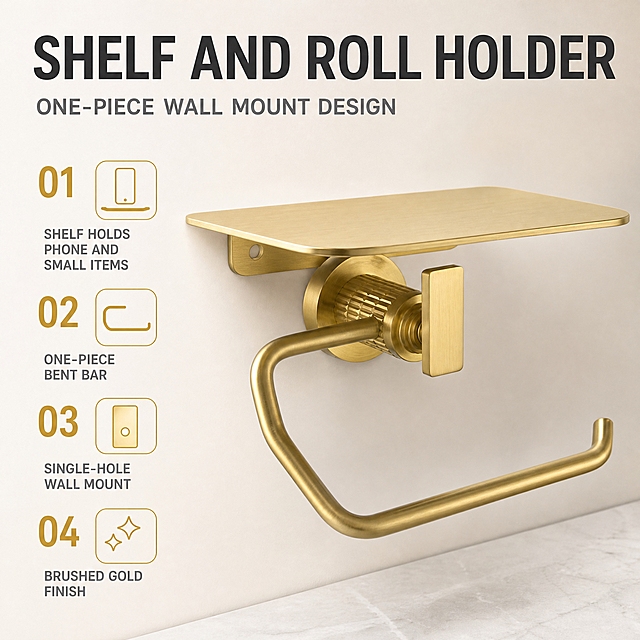 [主图-2] Wall-Mount Brushed Gold Toilet Paper Holder with Shelf 核心结构与功能导图，任务：用编号清单证明双功能与一体成型结构。
[统一基调] 全组统一视觉：现代轻奢卫浴实景电商风。背景主色为暖白与浅米灰；主标题字色深炭灰 #2B2B2B，辅助文字中灰 #6E6E6E，强调色为拉丝金 #C9A227 并与产品金属同色系。全组只用一款现代无衬线字体，标题粗体大写，说明文字字号比标题缩小 50% 以上。全组满版无边框大图，卡片为极轻半透明白底，图标为细金线描边圆角图标。全套不出现中文、装饰边框、平台 Logo 与水印。
[画面] 浅米灰渐变背景，右侧三分之二区域放置 Wall-Mount Brushed Gold Toilet Paper Holder with Shelf 的三分之四侧面微仰视大图，产品占比约 60%，置物台水平朝上、弯曲纸巾杆朝右前方，可见底板单孔与滚花旋钮；左侧三分之一为竖排编号清单，四行大字编号与短说明，编号用拉丝金色，文字用深炭灰，行距均匀，不遮挡产品。产品外观、结构、材质、颜色与输入图严格一致，不新增挂钩、配件或纸巾卷。
[光影质感] 商业影棚柔光加浅侧光，金属表面拉丝反光细腻，底座与置物台下方有柔和接触影，画面通透不发灰。
[配色] 沿用暖白浅米灰底，卡其黄与拉丝金仅用于编号与图标点缀，强调色面积不超过画面 15%。
[文字版式] 上部主标题 "SHELF AND ROLL HOLDER"，副标题 "ONE-PIECE WALL MOUNT DESIGN"；左侧编号清单 "01  SHELF HOLDS PHONE AND SMALL ITEMS"、"02  ONE-PIECE BENT BAR"、"03  SINGLE-HOLE WALL MOUNT"、"04  BRUSHED GOLD FINISH"。全部英文、横排、无逗号。
[输出要求] 1:1 正方形，文字清晰可读且不压产品；负向：变形、错字、乱码、中文、模糊、杂乱、水印、平台 Logo。