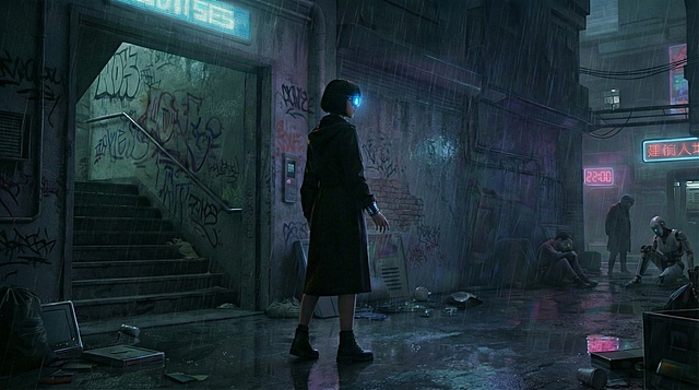 彻底删除女主面前的所有图片内容，恢复成雨夜街巷的墙面状态，保持赛博朋克风格