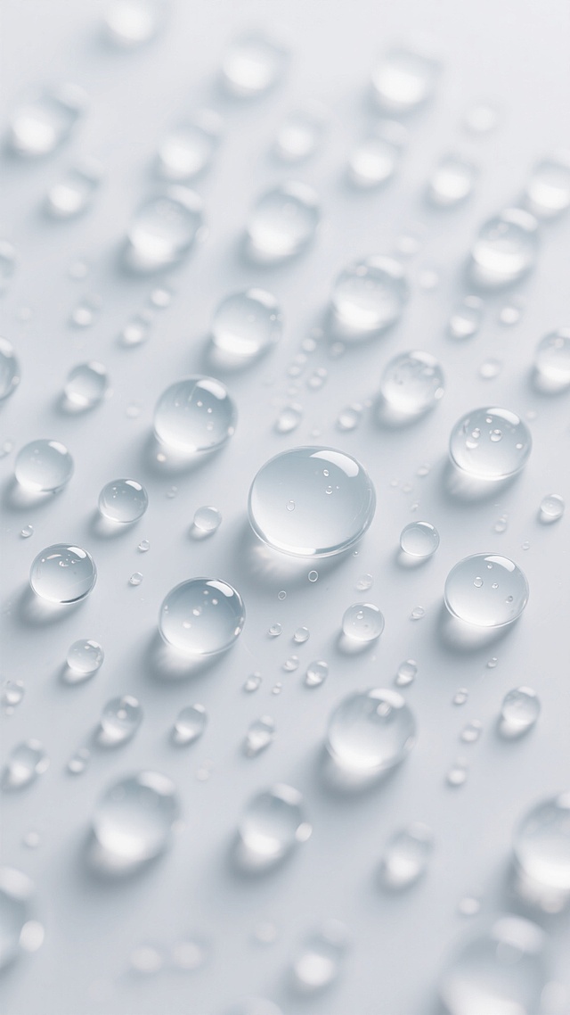 在纯白色背景上，漂浮着大量大小不一、形态各异的透明水珠，水珠表面带有柔和的高光和细微的反光，部分水珠周围点缀着极小的气泡和水滴，整体呈现出轻盈、通透、湿润的视觉效果，水珠分布自然且疏密有致，营造出清新、纯净的氛围。