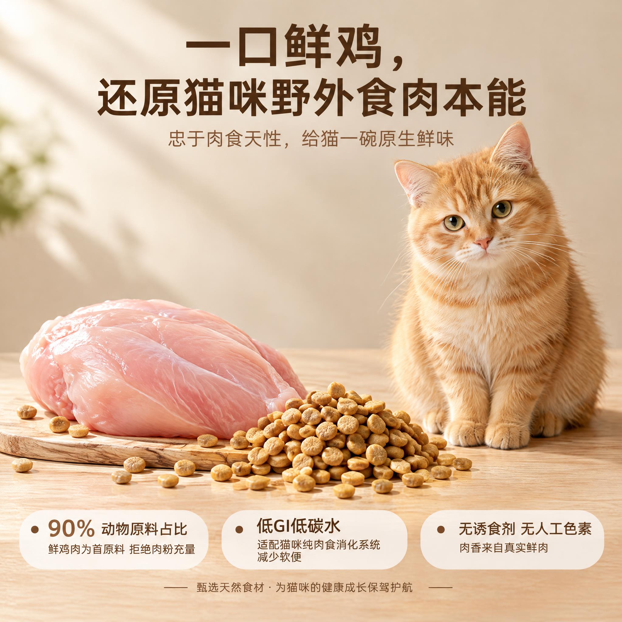 清新自然原生质感宠物食品海报，写实商业静物摄影风格，浅米原木背… - 图片创意预览