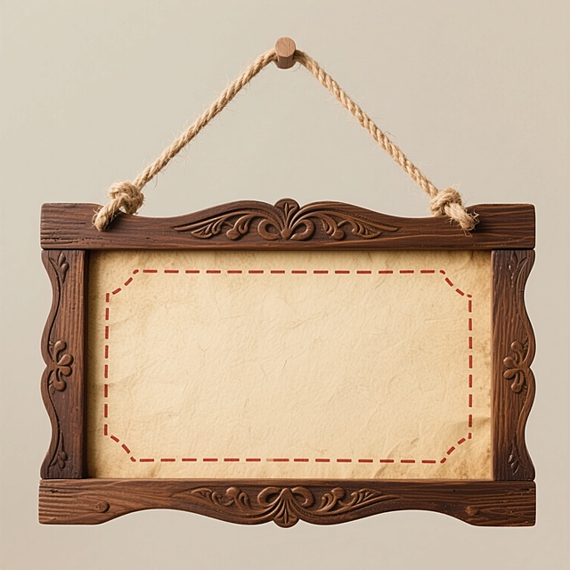 一个悬挂式的木质指示牌，采用复古乡村风格设计，主体框架为深棕色木纹材质，边缘有精致的手工雕刻花纹装饰，顶部有一根粗麻绳用于悬挂，牌面为米黄色做旧纸张质感，四周用暗红色虚线边框勾勒，整体呈现出温暖怀旧的氛围，具有浓厚的手工艺感和质朴的设计美学。