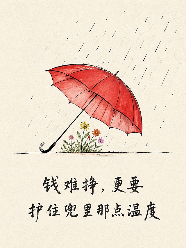 小红书竖版3:4水墨手绘治愈系插画海报，极简留白中国风淡彩风格，浅米白纸张纹理底色#F5F1E8带淡淡纸质肌理感，黑色手绘粗细线条毛笔钢笔感有轻微抖动手绘感，朱红+焦糖棕+浅黄+嫩绿+粉紫配色，安静温暖治愈感，大量留白60%以上空白，只有画面中心主体。

【主体元素雨中红伞】画面中部偏上，伞面倾向右侧约30度倾斜，伞柄伸向左下方。伞面朱红色#D14545为主带深红#A02D2D暗部阴影，伞面有8-10个明显的褶皱分块，伞边深红色描边线有毛笔手绘的粗细变化，伞内能看到浅红色淡粉色#E8A5A5阴影，伞柄黑色细长向左下延伸，伞柄末端黑色弯钩手柄。整体手绘水墨感，线条有粗细顿挫。

【雨滴】倾斜的黑色短线，方向从右上方往左下方倾斜约30度角。伞上方和右上方雨滴较密，伞下和地面区域雨滴少伞遮挡。线条粗细不一有手绘飞白感，部分雨滴用浅灰色有层次感。

【地面横线】一条细黑色横线，位置在伞底部下方划分地面与文字区，手绘感略微不笔直。

【伞下小花丛】伞面下方靠近伞柄根部偏左位置，一小簇野花小植物，高度约占伞下区域的1/3，是画面小点缀不抢主体。几片嫩绿色长叶线条手绘，一朵黄色小花#F5D769，一朵橙色小花#E89564，一朵粉紫色小花#D5A5C5，一朵红色小花#D14545，茎叶有手绘线条感。

【核心文案唯一文字】画面底部居中，大号手写体毛笔手写感纯黑色#1A1A1A字，分两行，字与字之间有呼吸感，有手写的不规则感，字迹有力但不僵硬，字下方大面积留白：
第一行：「钱难挣，更要」
第二行：「护住兜里那点温度」

【整体构图】上半部分约40%雨伞+雨滴+留白天空，中部约30%伞下花丛+地面横线，下半部分约30%核心文案+大面积留白。整体非常空旷有呼吸感，红伞成为画面唯一强焦点。整张画面铺满淡淡的米白纸张纹理，粗糙纸质感，暖米色调。

【严格禁止】绝对不能出现任何印章、落款、水印。禁止真实照片3D渲染、禁止国潮繁复装饰、禁止边框花纹多余装饰、禁止多余小图标、禁止暖色调过重的背景保持米白、禁止出现核心文案以外的任何文字。

画面中必须完整且唯一呈现以下文字：
「钱难挣，更要」
「护住兜里那点温度」
