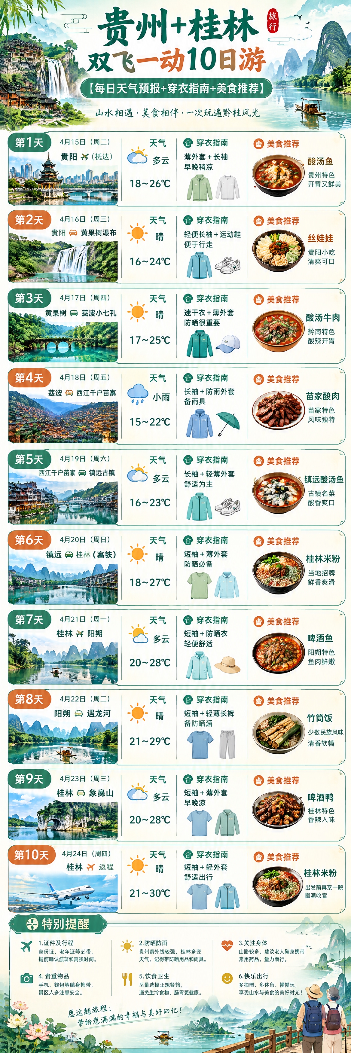 一张竖版2K分辨率的贵州桂林10日游攻略长图，清新国风旅行手账… - 图片创意预览