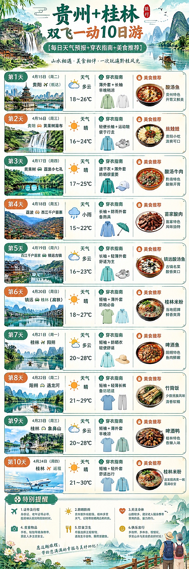 一张竖版2K分辨率的贵州桂林10日游攻略长图，清新国风旅行手账风格，顶部大标题为"贵州+桂林双飞一动10日游【每日天气预报+穿衣指南+美食推荐】"，按时间顺序竖向排列10天行程卡片，每天卡片包含日期、城市、天气图标、温度、穿衣指南和美食推荐，文字清晰易读，配色以青绿、暖橙、米白为主，点缀山水、瀑布、苗寨、漓江等插画元素，底部有特别提醒板块，整体排版整洁美观，适合老年人阅读，字体偏大