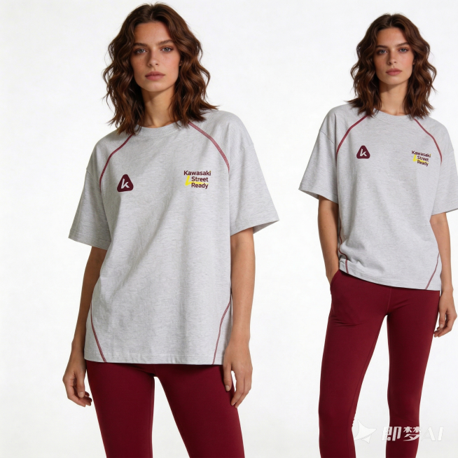 将图2的这件带Kawasaki标志的浅灰色拼红边T恤平铺到图1的女模特身上，保持模特姿势不变，将模特原本的浅灰色裤子修改为深红色瑜伽裤，保持整体自然真实，服装光影贴合人体预览效果