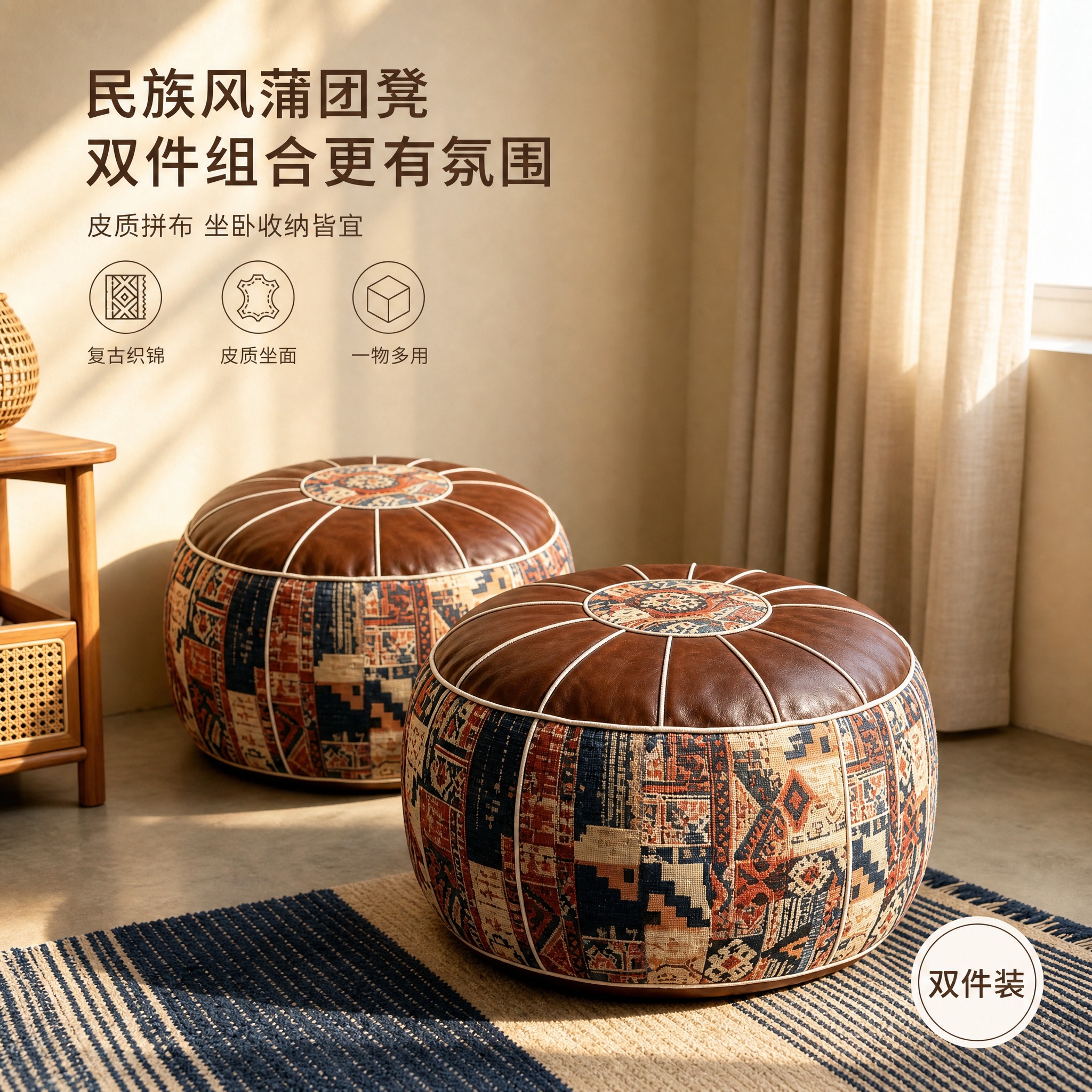 将图中的收纳凳变成两个 前后错落摆放 形成双件组合 保持产品外… - 图片创意预览