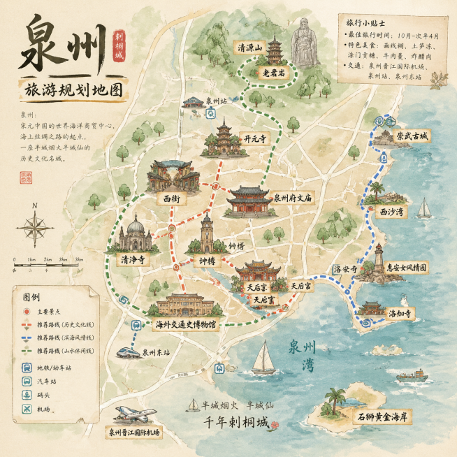 手绘风格泉州旅游规划地图，标注出主要景点和旅游路线，整体清新文艺，线条柔和自然，包含泉州代表性景区和城市路网结构，复古手绘质感预览效果