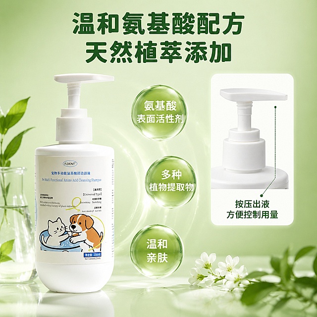 一、标签正面 
F.DENT宠物多功能氨基酸清洁浴液【通用型】
F.DENT Pet Multi-Functional Amino Acid Cleansing Shampoo 【Universal Type】
抗静电·柔顺·去屑·止痒
Antistatic · Softening · Anti-dandruff · Anti-itch
氨基酸温和配方 蕴含多种植物提取物
Mild amino acid formula, enriched with a variety of plant extracts.
净含量：236ml
 Net Content: 236ml
二、标签背面
 
产品简介：Product Description
本品为宠物通用型多功能清洁护理浴液，采用氨基酸温和表活配方，温和清洁宠物毛发与肌肤，兼具抗静电、柔顺亮毛、去屑、舒缓止痒功效，对宠物肌肤极其友好，长期使用可改善毛发干枯、毛躁、静电及皮屑问题。
This is a universal multi-functional cleaning and care shampoo for pets. Formulated with mild amino acid surfactants, it gently cleanses pet fur and skin, while providing anti-static, softening & brightening, anti-dandruff, and soothing & anti-itch effects. It is extremely skin-friendly for pets. Long-term use can improve dry, frizzy, static-prone fur and dandruff issues.
 
主要成分：Main Ingredients:
氨基酸表面活性剂、植物提取物、毛发柔顺剂、抗静电因子、肌肤舒缓成分、去屑护理成分、植物提取物等。
Amino Acid Surfactants, Plant Extracts, Hair Softeners, Anti-static Factors, Skin Soothing Ingredients, Anti-dandruff Care Ingredients, Plant extracts, etc.
适用范围： 
Scope of Application:
适用于犬、猫等各类家养宠物毛发及外部皮肤清洁护理。
Suitable for cleaning and caring for the hair and external skin of various domestic pets such as dogs and cats.
使用方法：
Directions for Use:
1. 用温水将宠物毛发完全浸湿；
Thoroughly wet your pet’s coat with warm water.
2. 取适量浴液，加水揉搓出泡沫后均匀涂抹于宠物全身毛发；
Take an appropriate amount of the shampoo, add water and lather, then apply evenly all over your pet’s coat.
3. 轻柔按摩毛发及皮肤1–3分钟，重点清洁皮屑、打结部位；
Gently massage the fur and skin for 1–3 minutes, focusing on areas with dandruff and tangles.
4. 用温水彻底冲洗干净，无残留后擦干、吹干毛发即可。
Rinse thoroughly with warm water. Once no residue remains, dry and blow-dry the coat. 「图片1」「图片1」「图片1」「图片1」「图片1」「图片1」「图片1」