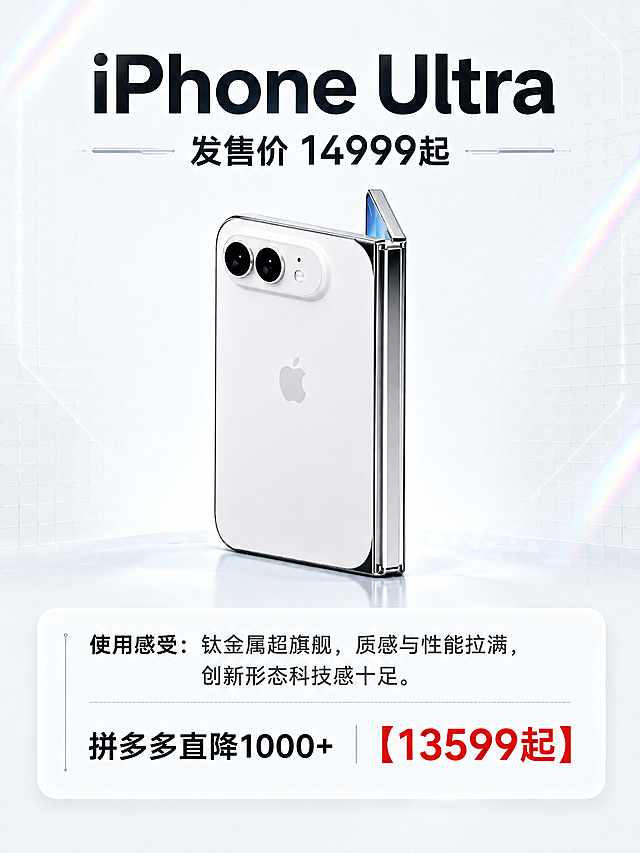 把第一张海报中的手机商品替换为第二张图里的白色竖向折叠屏手机：白色背板、银色高亮铰链、横向双摄、黑色镜头，保持第二张图中商品的真实颜色和材质。新手机以居中、半展开的立体角度放在第一张海报原本的手机位置，背景仍为海报的浅灰白色科技网格与微弱镭射光晕，光影与画面协调。除此之外其他内容全部保持原样不要改动：主标题“iPhone Ultra”、副行“发售价 14999起”、使用感受“钛金属超旗舰，质感与性能拉满，创新形态科技感十足。”、“拼多多直降1000+”和红色“【13599起】”均保持。竖版 3:4 构图不变。