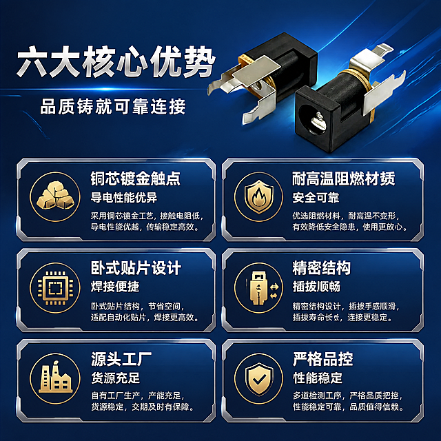 [第2张] 核心卖点总览 - DC电源插座6大核心优势。本张使用【图1】作为产品主体，配合卖点卡片展示。
[氛围/风格] 工业科技风，深蓝渐变背景，专业精密感，信息卡片式布局。
[元素布局] 产品小图置于顶部中央偏右，占比约25%；下方为6个卖点卡片，分左右两列排布，每列3张；卡片为银灰色金属质感边框，深蓝底色，带细微拉丝纹理；背景为深蓝色渐变，点缀淡蓝色科技线条和光点；产品外观与输入图一致。
[光影质感] 顶部柔光均匀照明，卡片有轻微悬浮投影，整体明亮清晰，信息易读。
[配色色系] 全局底色 #0F3460（深蓝）；主色深蓝+银灰；辅助色金色、白色文字。
[视角构图] 正面平视，顶部产品 + 下方卡片矩阵，阅读动线从上至下，左右交替。
[文字版式] 顶部主标题「六大核心优势」，副标题「品质铸就可靠连接」；6个卖点卡片分别配图标和文字：1.「铜芯镀金触点 导电性能优异」2.「耐高温阻燃材质 安全可靠」3.「卧式贴片设计 焊接便捷」4.「精密结构 插拔顺畅」5.「源头工厂 货源充足」6.「严格品控 性能稳定」；每个卡片含图标+标题+短句说明，文字清晰可读。
[比例分辨率] 9:16 竖版比例，4K分辨率，文字清晰可辨，高清画质。
[负向提示词] 产品变形，缺件错件，水印，文字错乱，文字过小，背景杂乱，卡片变形。