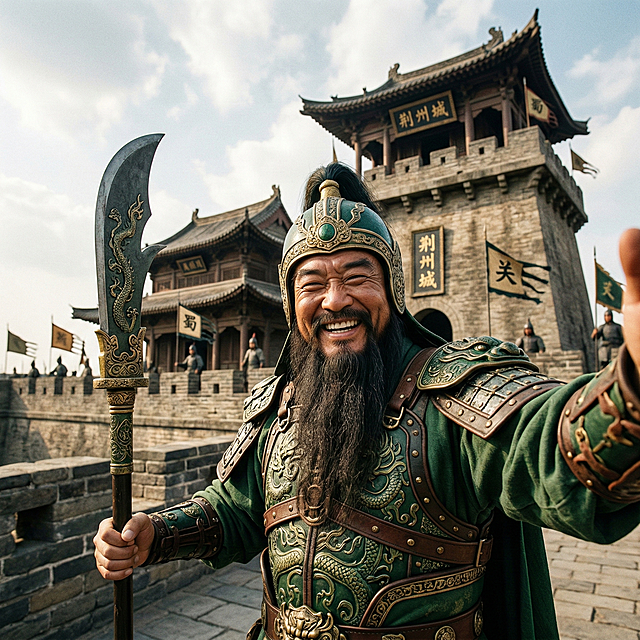 仰视视角构图，近景呈现写实风格的三国人物关羽高兴自拍的神态，不要出现手机，背景为古代城楼