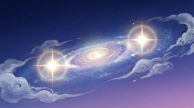 浩瀚星空银河横贯天际，璀璨星河流淌，左右两侧各有一颗特别明亮的星星隔河相望，星辉闪耀，中国风3D卡通国漫风格，深蓝夜空渐变至紫色，水墨质感云气缭绕，银河中心有漩涡光效