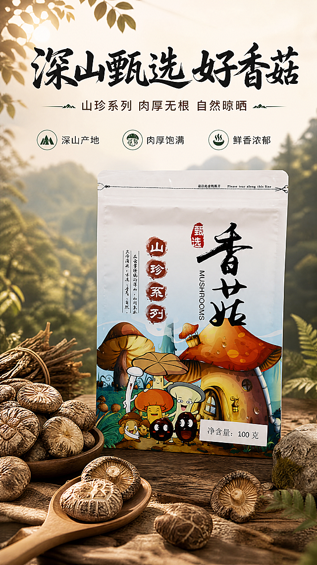 [商品] 使用【图3】甄选山珍系列香菇包装袋正面（100g装）；保留包装袋整体结构、白色底色、红色印章式"甄选"标识、黑色书法大字"香菇"、竖排"山珍系列"圆形红底白字、左侧竖排文案、底部卡通蘑菇屋与拟人蘑菇形象、"净含量：100克"标签，以及MUSHROOMS英文字样；清晰化包装文字与图案，不改变包装设计与颜色。
[画面] 目标：食欲氛围头图，突出深山甄选香菇的山珍质感与产品全貌。构图：上文下图，顶部标题区占画面约30%，中部产品主体占画面约60%，底部点缀山珍食材。主体位置：画面中下部居中摆放一袋香菇包装袋，略微右倾自然立放，左侧散落若干朵干香菇、一小捆山货枝条与木勺。景别：产品中景，包装袋正面清晰完整。阅读动线：从上至下，先看标题再看产品。前中后景：前景干香菇与木勺特写，中景包装袋主体，后景虚化的深山森林与晨光雾气，≥3层环境元素。场景：清晨深山林间的原木桌台，柔和晨光穿过树叶洒下，营造自然山珍氛围。
[视觉] 套系策略：风格=山珍产地自然风商业摄影，质朴有食欲；标题字=书法手写体+粗黑体组合；正文字=简洁无衬线体；主色=暖棕+米白；背景延展=基于暖棕与米白做深浅层级、同色渐变和原木/麻布/纸张质感；强调色=森林绿，仅用于小面积图标、引线和标签；标题色=深棕黑；正文色=中暖灰；组件=圆角浅底信息卡、细线引线、山形小图标；光影=左前侧暖柔光，自然林间光斑。背景、道具、卡片按主色做深浅/明暗/材质延展；强调色只用于小面积图标、引线、标签或局部光效；产品信息面清晰，逆光只作背景或轮廓光。
[文字] 主标题"深山甄选 好香菇"（≤10字），副标题"山珍系列 肉厚无根 自然晾晒"，3个短卖点：「深山产地」「肉厚饱满」「鲜香浓郁」，文字区位于画面上方留白处，不遮挡包装袋主体与核心图案；所有文字横向排版，移动端清晰可读。
[规格] 图片比例9:16竖版，4K，负向提示：避免变形、错字、文字过小、冷蓝/蓝灰背景、包装文字错乱、产品结构改变、极限词、二维码、水印。