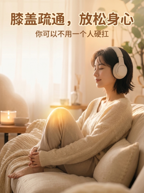 参考样图风格，生成小红书封面，AI真人戴白色头戴式耳机出镜，居家温馨氛围，淡金色暖光打在膝盖位置，疗愈风格，添加主标题文字"膝盖疏通，放松身心"，副标题文字"你可以不用一个人硬扛"预览效果