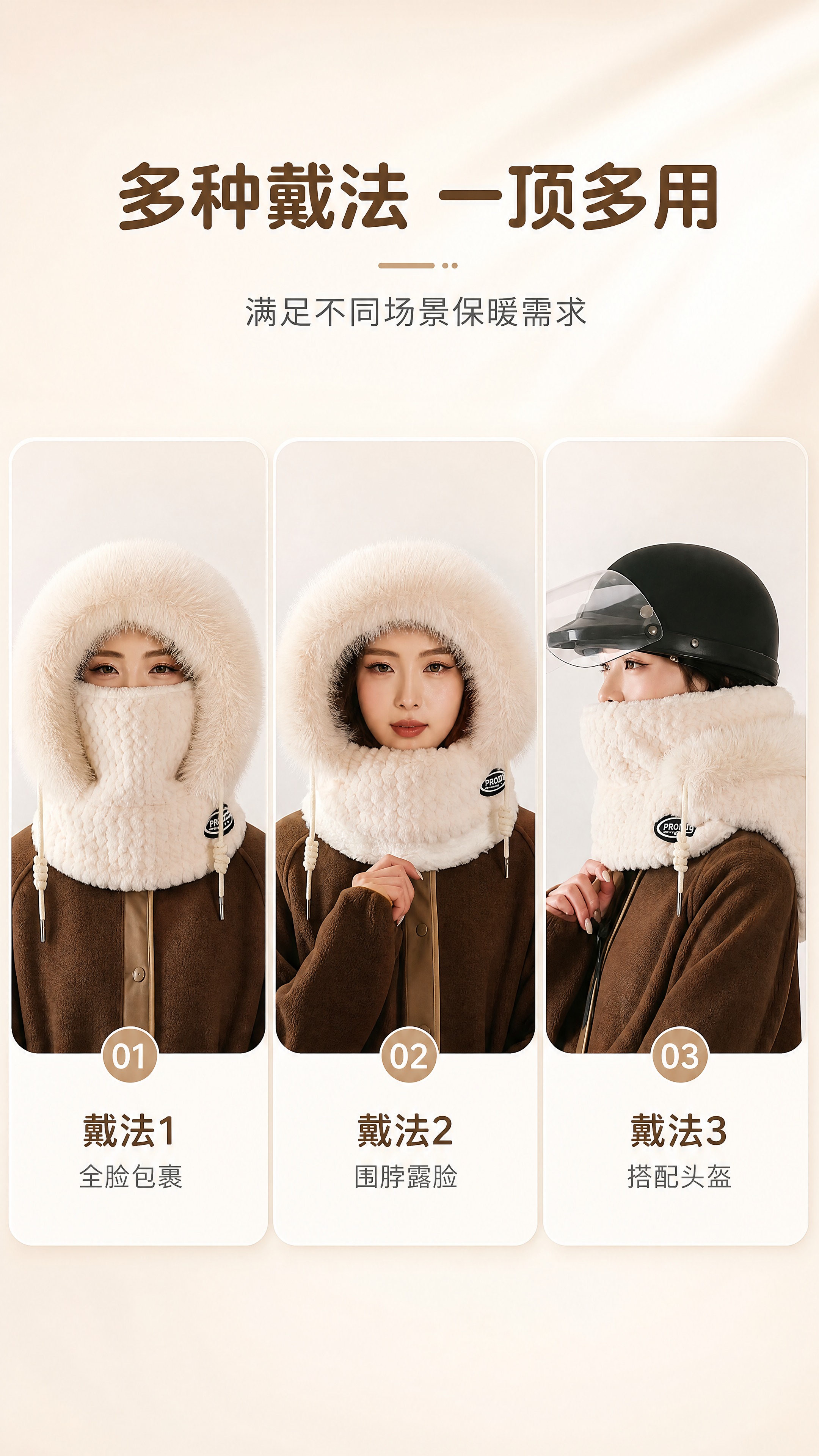 [商品] 使用【图9】米白色毛绒一体帽三种戴法图；保留大毛领、… - 图片创意预览