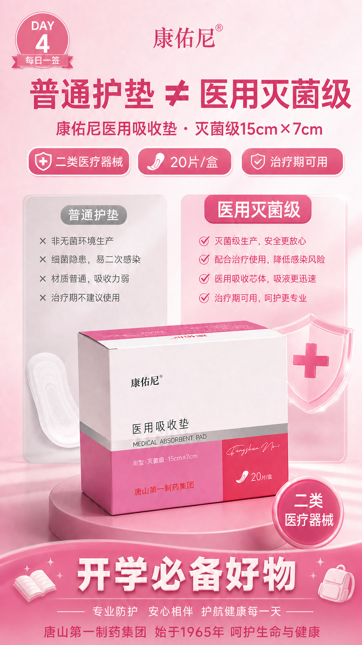 在这张开学季医用护垫海报底部，添加一行品牌背书文字："唐山第一… - 图片创意预览