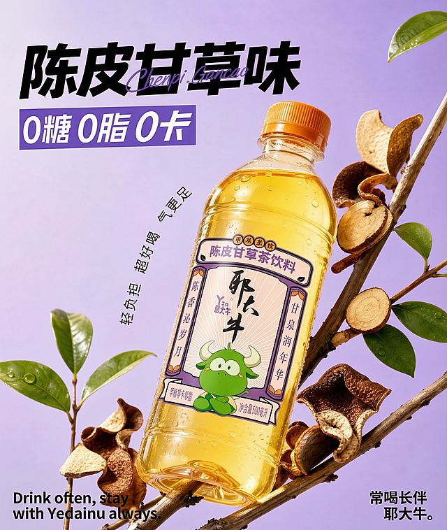 去掉图片左上角的LOGO文字，将左下角英文修改为 "Drink often, stay with Yedaniu always."，右下角文字修改为 "常喝长伴耶大牛"，保持现有排版、产品、配色和整体风格不变，不修改其他任何内容。
