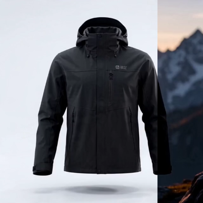 服装商业产品展示，电影级光效。主体是一件三合一防水防风冲锋衣，衣服胸口位置印有「稿定」字样。衣服悬浮在户外场景结合干净纯白棚拍背景中，带有柔和阴影，呈现高端时尚质感，4K清晰度。视频包含三个镜头：镜头预览效果