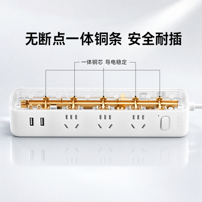 [主图-3]公牛插排内部材质与结构卖点展示。[氛围风格]简约灰白色科技质感，保持整体风格统一。[画质]商业摄影质感，光线柔和通透，产品清晰真实，画面干净高级。[元素]使用透明化透视展示公牛插排，清晰露预览效果