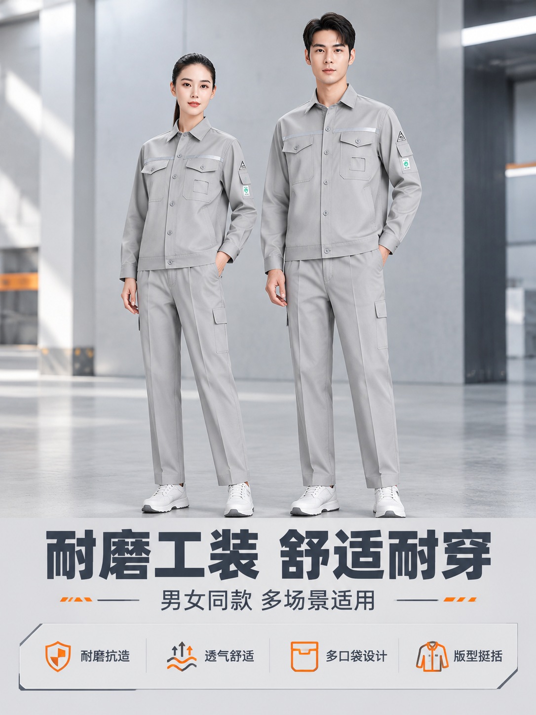 [商品] 使用【图1】浅灰色长袖劳保工作服套装（男女同款）；商… - 图片创意预览