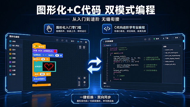 基于图1产品，生成详情页第5张：C代码双模式编程。左侧显示C代码编程界面，右侧图形化编程界面，中间箭头表示切换。主标题：图形化+C代码 双模式编程，副标题：从入门到进阶 无缝衔接。2个卖点：图形化入门零门槛、C代码进阶学专业编程。16:9横版，4K，科技感风格。
